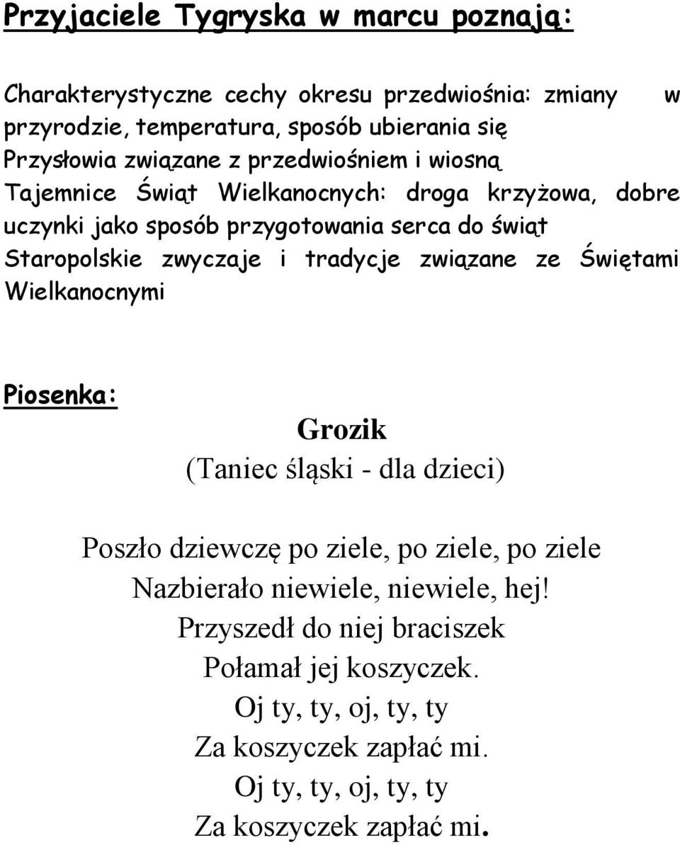 zwyczaje i tradycje związane ze Świętami Wielkanocnymi Piosenka: Grozik (Taniec śląski - dla dzieci) Poszło dziewczę po ziele, po ziele, po ziele