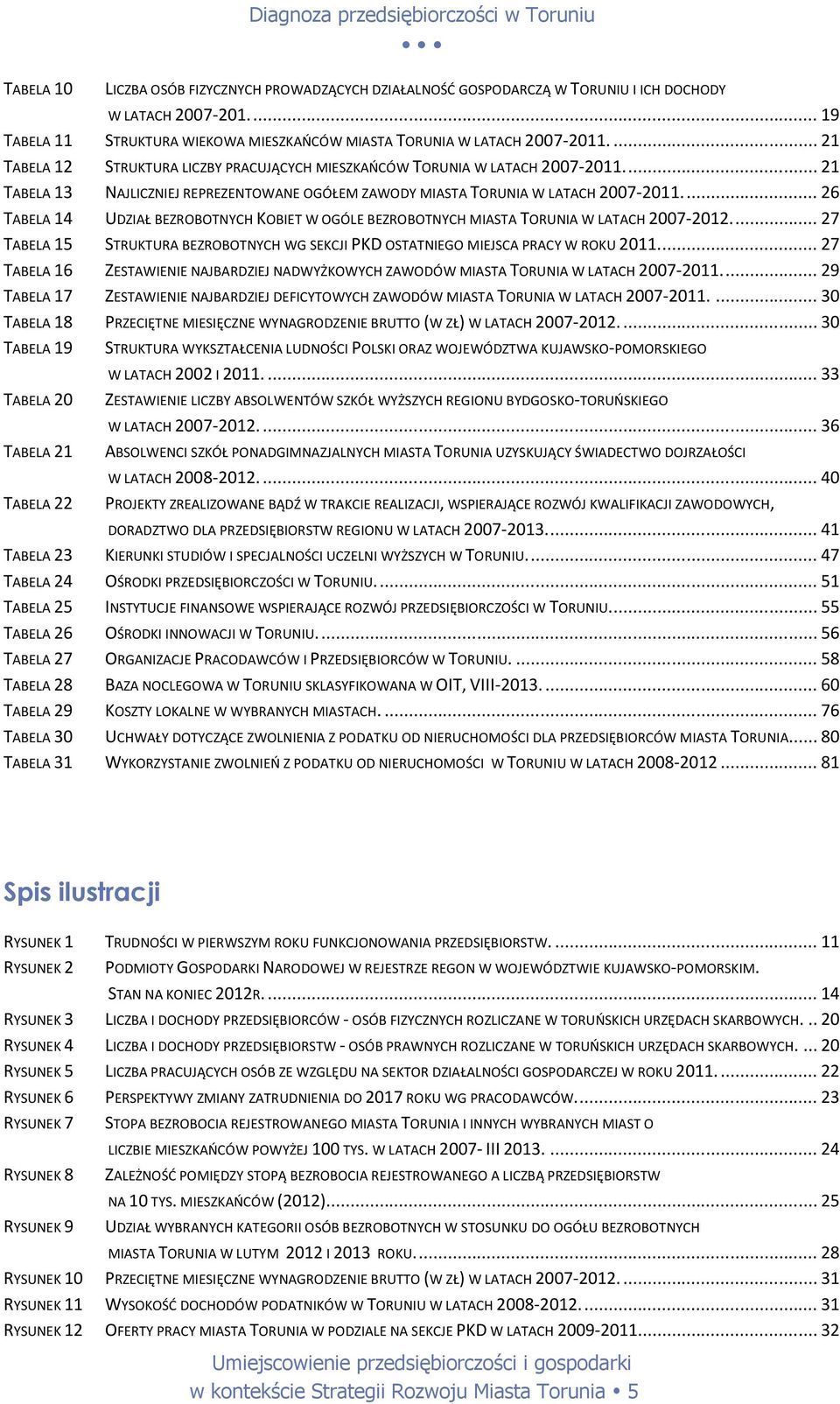 ... 26 TABELA 14 UDZIAŁ BEZROBOTNYCH KOBIET W OGÓLE BEZROBOTNYCH MIASTA TORUNIA W LATACH 2007-2012.... 27 TABELA 15 STRUKTURA BEZROBOTNYCH WG SEKCJI PKD OSTATNIEGO MIEJSCA PRACY W ROKU 2011.