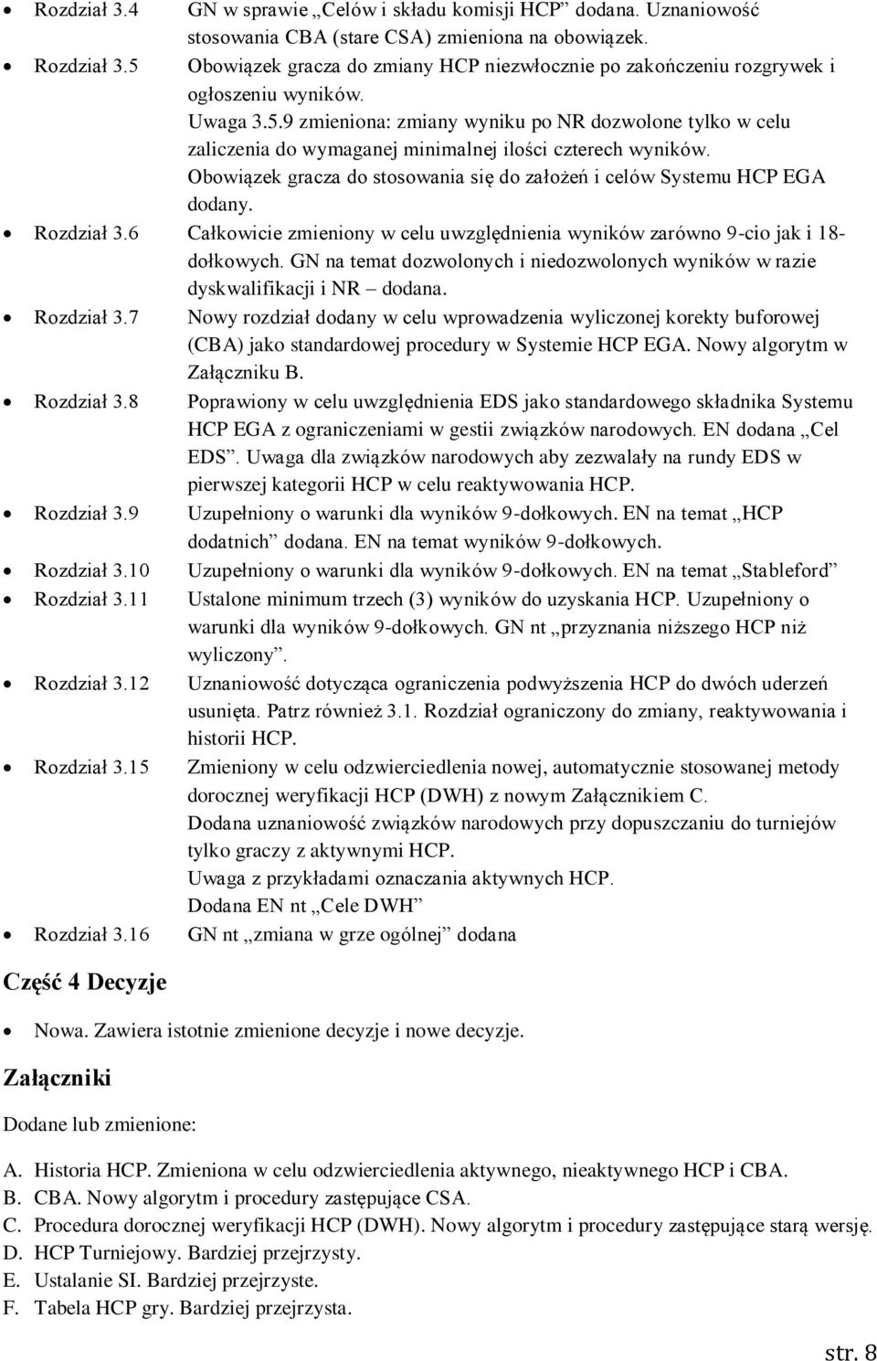 Obowiązek gracza do stosowania się do założeń i celów Systemu HCP EGA dodany. Rozdział 3.6 Całkowicie zmieniony w celu uwzględnienia wyników zarówno 9-cio jak i 18- dołkowych.