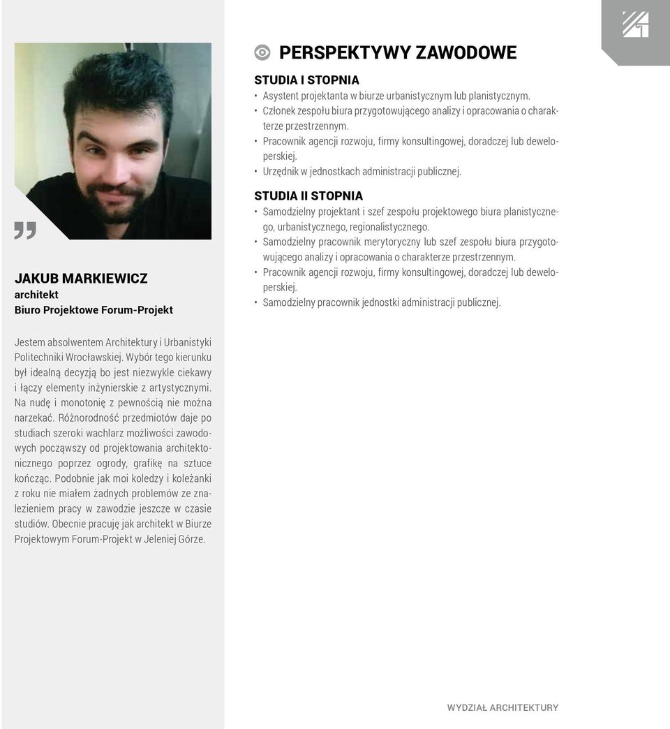 Jakub Markiewicz architekt Biuro Projektowe Forum-Projekt Samodzielny projektant i szef zespołu projektowego biura planistycznego, urbanistycznego, regionalistycznego.