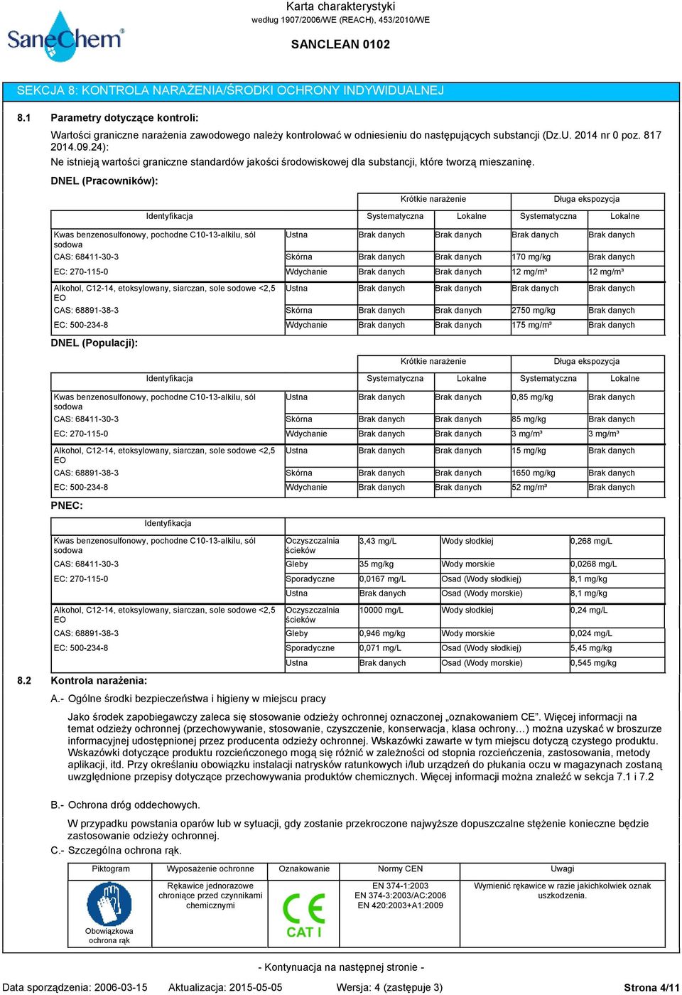 DNEL (Pracowników): Krótkie narażenie Długa ekspozycja Systematyczna Lokalne Systematyczna Lokalne Kwas benzenosulfonowy, pochodne C10-13-alkilu, sól sodowa Skórna 170 mg/kg Wdychanie 12 mg/m³ 12