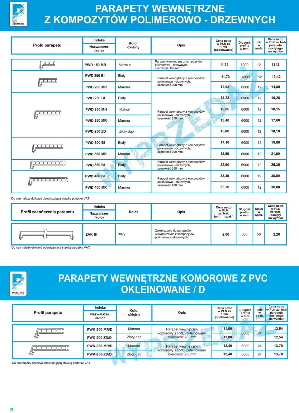 /kolor PWK-200-MR/D PWK-200-ZD/D PWK-250-MR/D PWK-250-ZD/D Kolor okleiny Złoty dąb Opis netto w PLN za 1 mb (opakowanie) Długość profilu w mm. mb w opak.