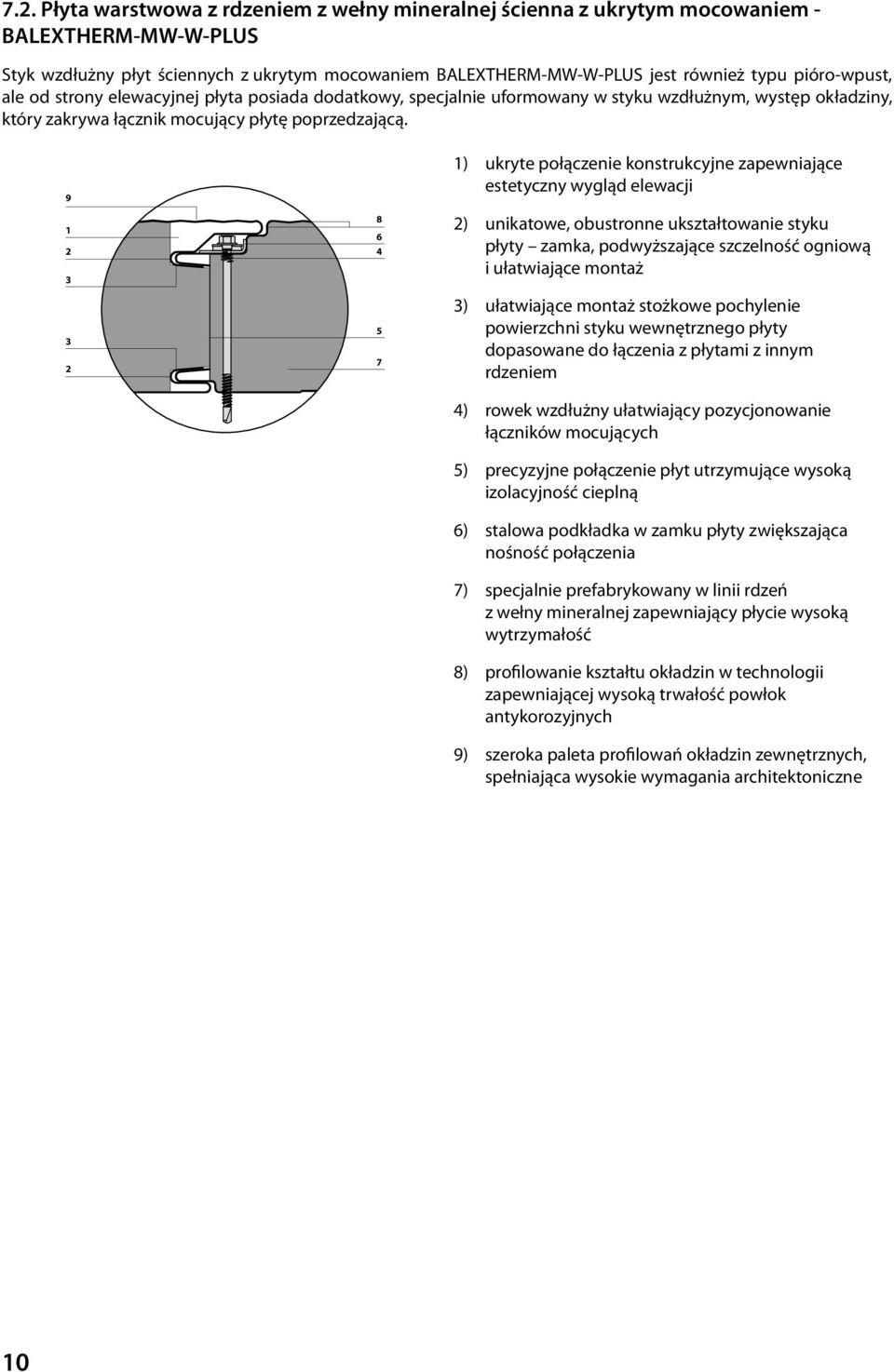 9 1 2 3 3 2 8 6 4 5 7 1) ukryte połączenie konstrukcyjne zapewniające estetyczny wygląd elewacji 2) unikatowe, obustronne ukształtowanie styku płyty zamka, podwyższające szczelność ogniową i