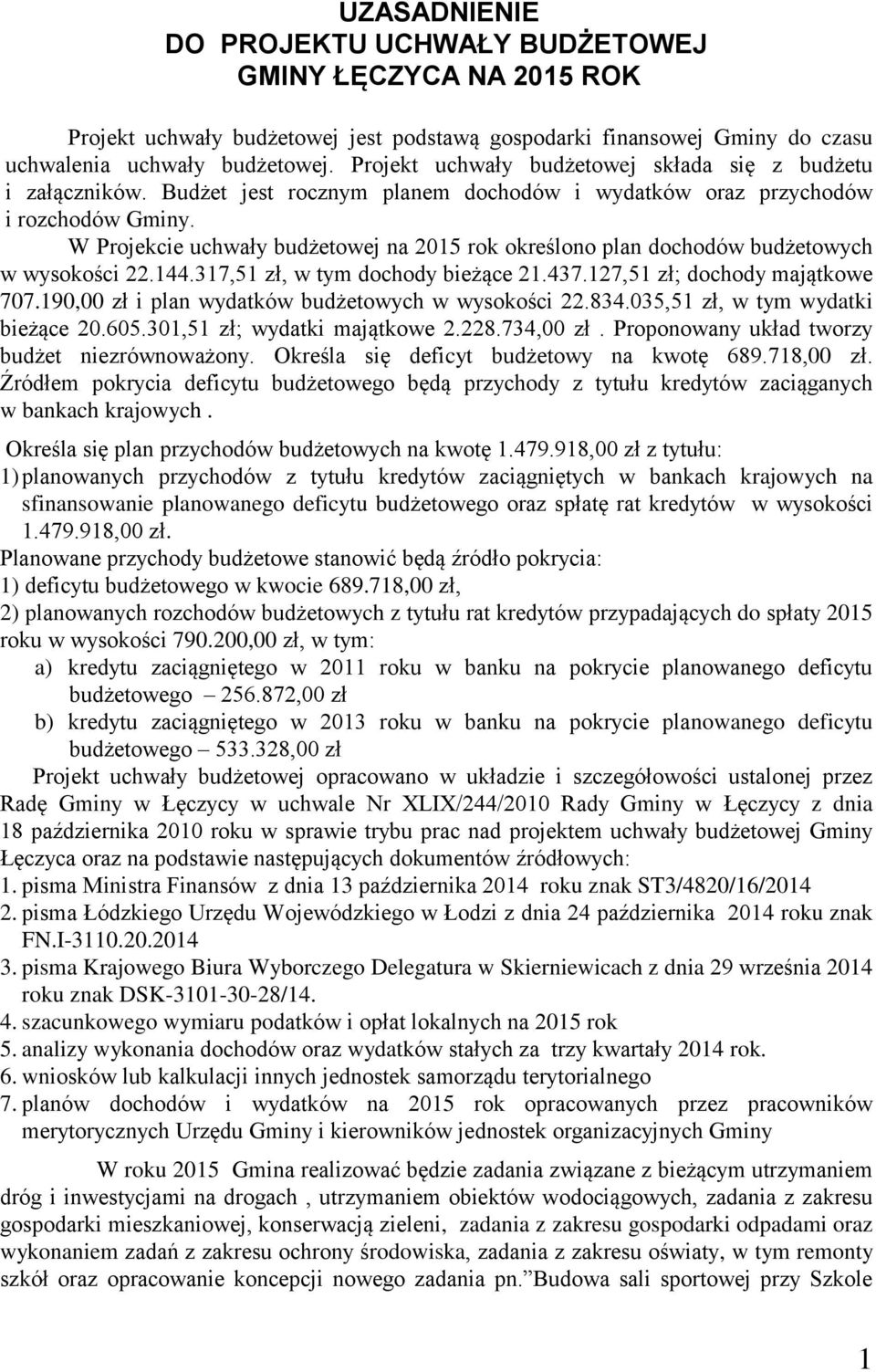 W Projekcie uchwały budżetowej na 2015 rok określono plan dochodów budżetowych w wysokości 22.144.317,51 zł, w tym dochody bieżące 21.437.127,51 zł; dochody majątkowe 707.