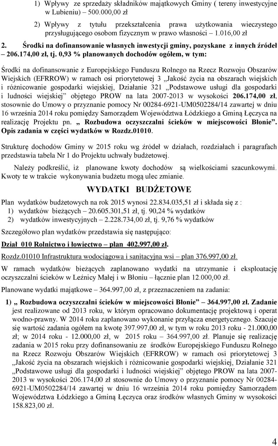 Środki na dofinansowanie własnych inwestycji gminy, pozyskane z innych źródeł 206.174,00 zł, tj.