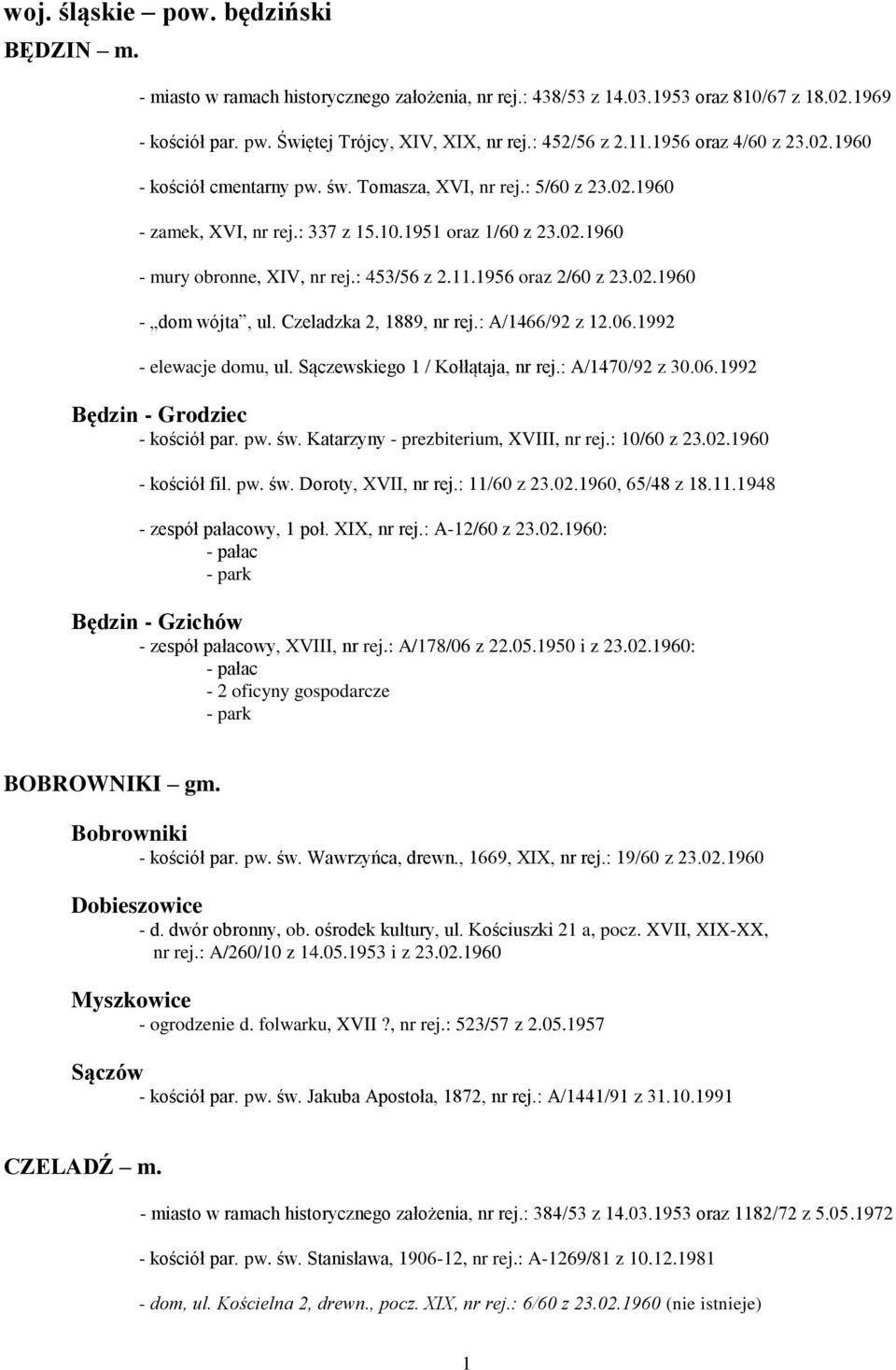 : 453/56 z 2.11.1956 oraz 2/60 z 23.02.1960 - dom wójta, ul. Czeladzka 2, 1889, nr rej.: A/1466/92 z 12.06.1992 - elewacje domu, ul. Sączewskiego 1 / Kołłątaja, nr rej.: A/1470/92 z 30.06.1992 Będzin - Grodziec - kościół par.