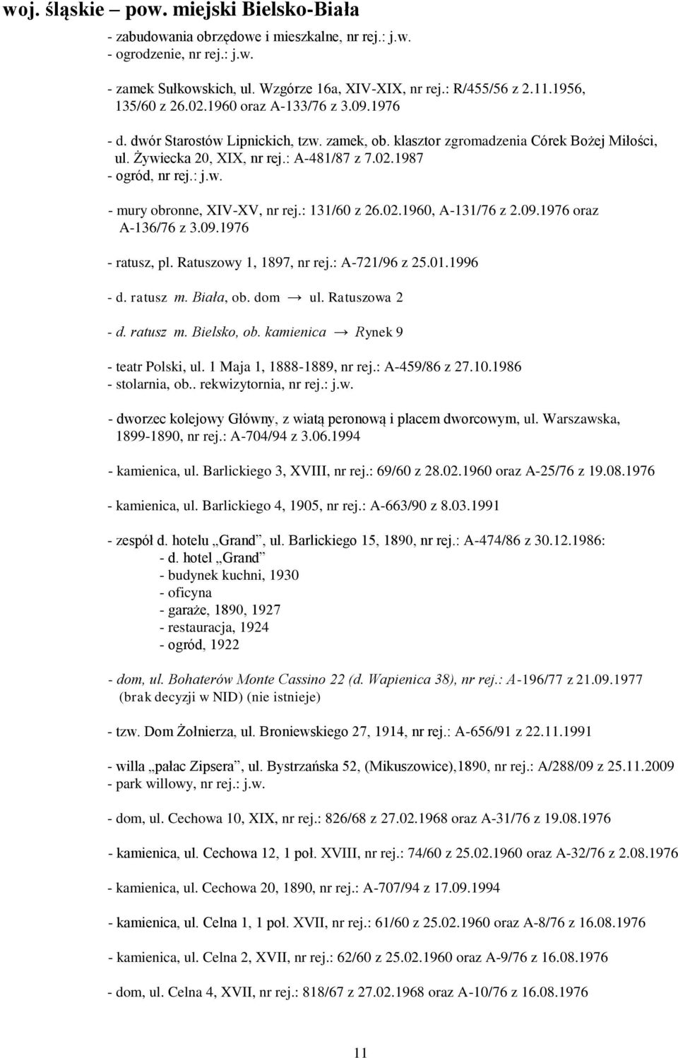 : j.w. - mury obronne, XIV-XV, nr rej.: 131/60 z 26.02.1960, A-131/76 z 2.09.1976 oraz A-136/76 z 3.09.1976 - ratusz, pl. Ratuszowy 1, 1897, nr rej.: A-721/96 z 25.01.1996 - d. ratusz m. Biała, ob.