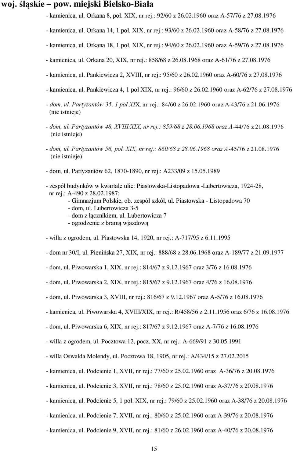 : 95/60 z 26.02.1960 oraz A-60/76 z 27.08.1976 - kamienica, ul. Pankiewicza 4, 1 poł XIX, nr rej.: 96/60 z 26.02.1960 oraz A-62/76 z 27.08.1976 - dom, ul. Partyzantów 35, 1 poł XIX, nr rej.