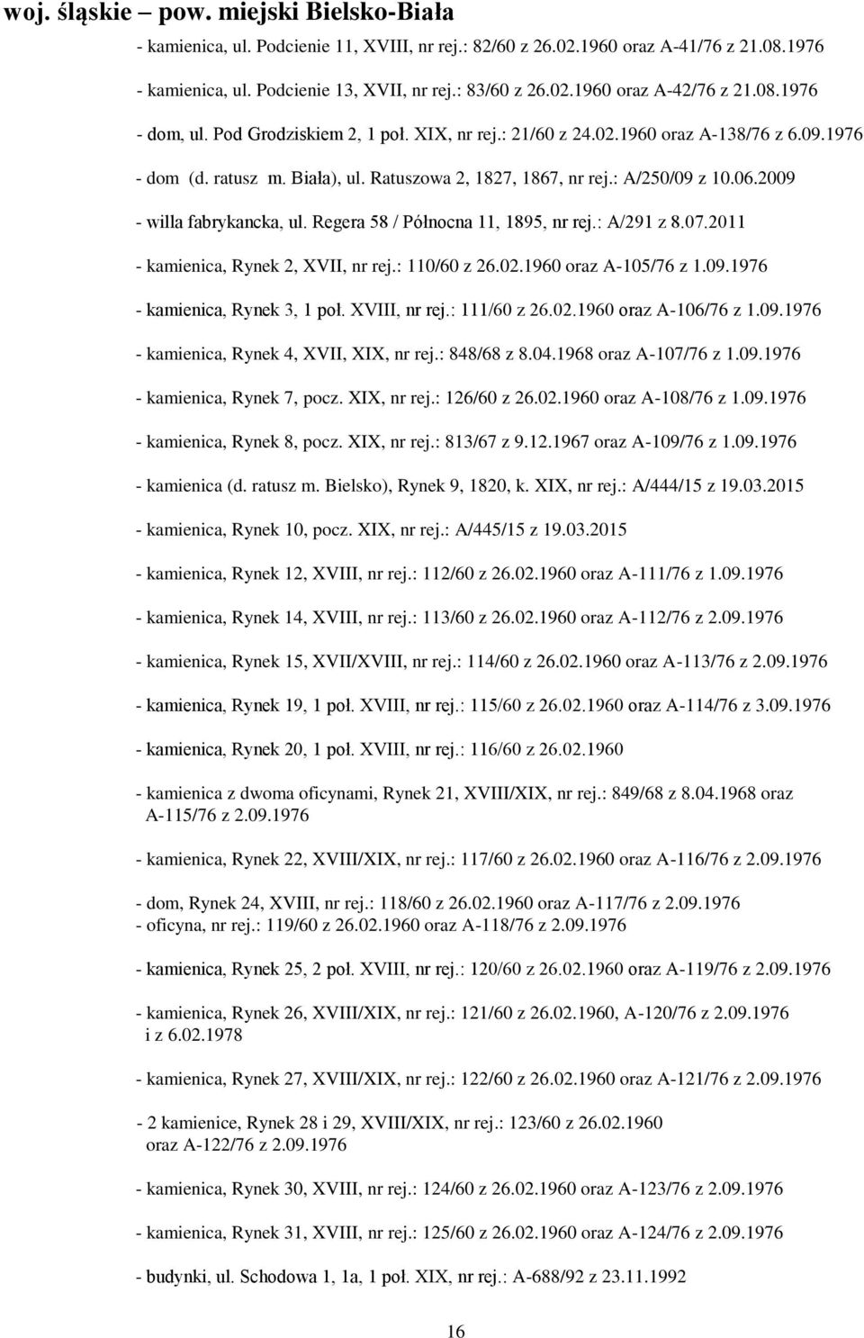 2009 - willa fabrykancka, ul. Regera 58 / Północna 11, 1895, nr rej.: A/291 z 8.07.2011 - kamienica, Rynek 2, XVII, nr rej.: 110/60 z 26.02.1960 oraz A-105/76 z 1.09.1976 - kamienica, Rynek 3, 1 poł.