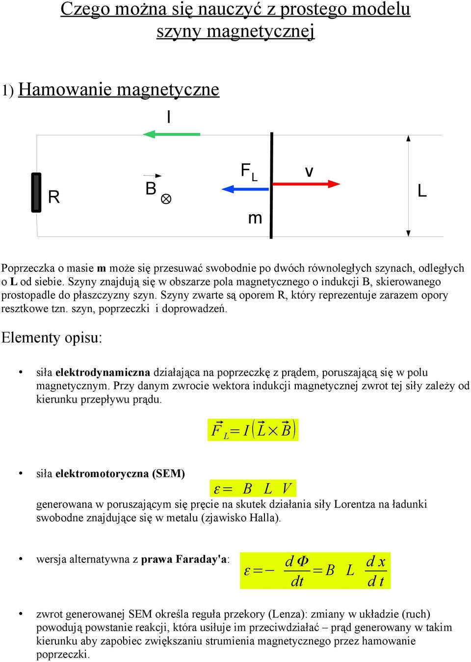 szyn, poprzeczki i doprowadzeń. Elementy opisu: siła elektrodynamiczna działająca na poprzeczkę z prądem, poruszającą się w polu magnetycznym.