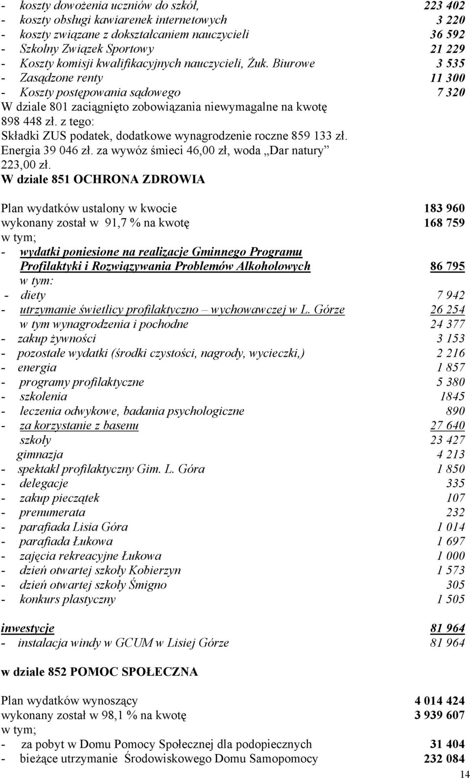 z tego: Składki ZUS podatek, dodatkowe wynagrodzenie roczne 859 133 zł. Energia 39 046 zł. za wywóz śmieci 46,00 zł, woda Dar natury 223,00 zł.