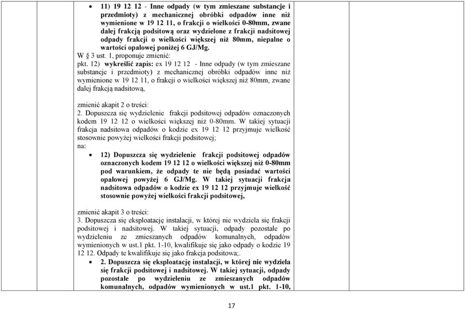 12) wykreślić zapis: ex 19 12 12 - Inne odpady (w tym zmieszane substancje i przedmioty) z mechanicznej obróbki inne niż wymienione w 19 12 11, o frakcji o wielkości większej niż 80mm, zwane dalej