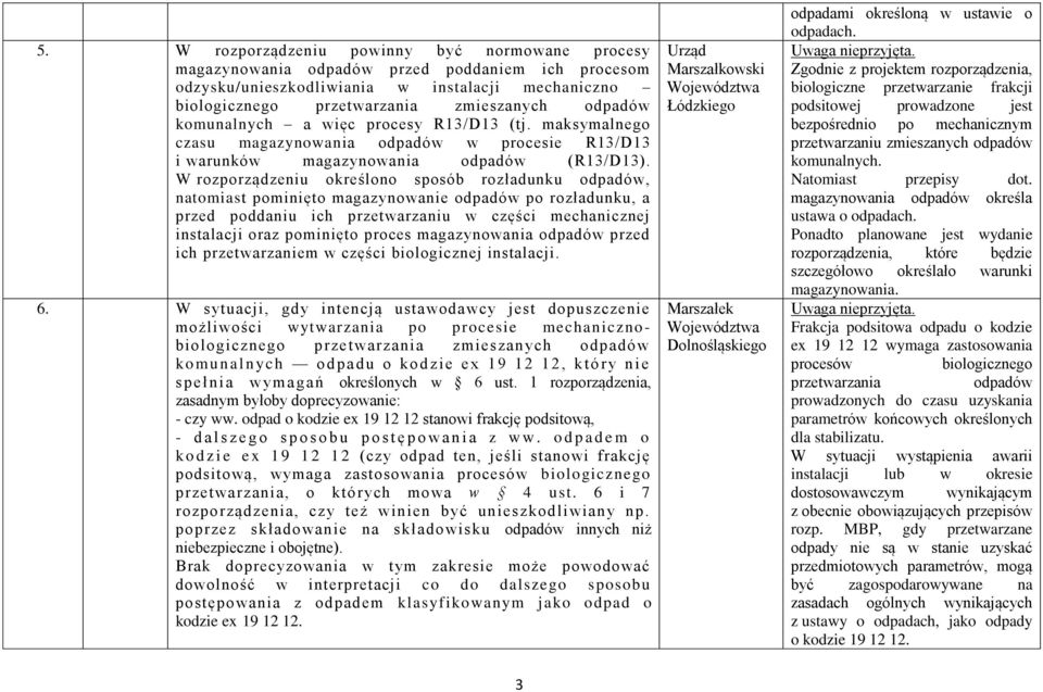 W rozporządzeniu określono sposób rozładunku, natomiast pominięto magazynowanie po rozładunku, a przed poddaniu ich przetwarzaniu w części mechanicznej instalacji oraz pominięto proces magazynowania