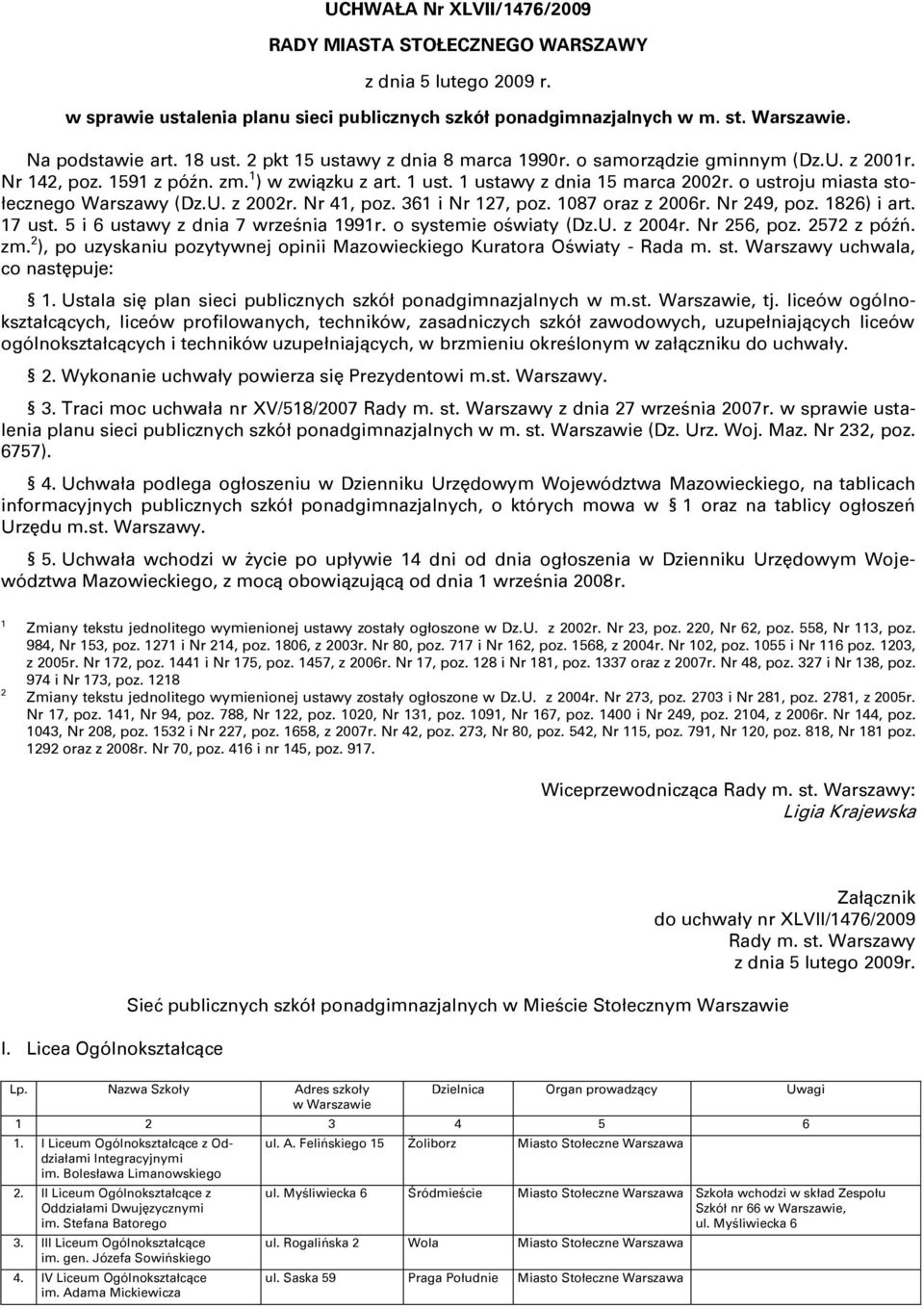 o ustroju miasta stołecznego Warszawy (Dz.U. z 2002r. Nr 41, poz. 361 i Nr 127, poz. 1087 oraz z 2006r. Nr 249, poz. 1826) i art. 17 ust. 5 i 6 ustawy z dnia 7 września 1991r. o systemie oświaty (Dz.