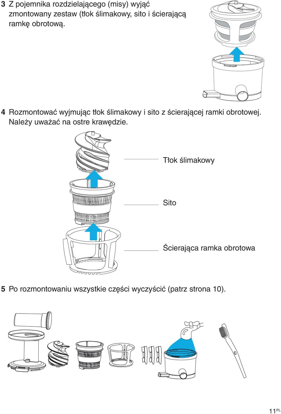4 Rozmontować wyjmując tłok ślimakowy i sito z ścierającej ramki obrotowej.