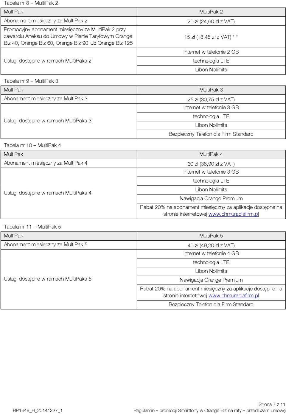 Abonament miesięczny za MultiPak 3 Usługi dostępne w ramach MultiPaka 3 Tabela nr 10 MultiPak 4 25 zł (30,75 zł z VAT) Internet w telefonie 3 GB Bezpieczny Telefon dla Firm Standard MultiPak MultiPak