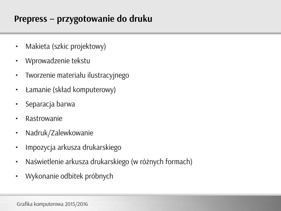 Separacja barwa Rastrowanie Nadruk/Zalewkowanie Impozycja arkusza