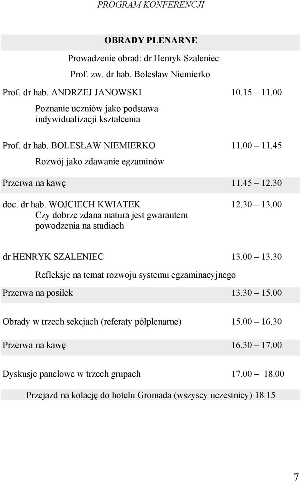 30 13.00 Czy dobrze zdana matura jest gwarantem powodzenia na studiach dr HENRYK SZALENIEC 13.00 13.30 Refleksje na temat rozwoju systemu egzaminacyjnego Przerwa na posiłek 13.30 15.