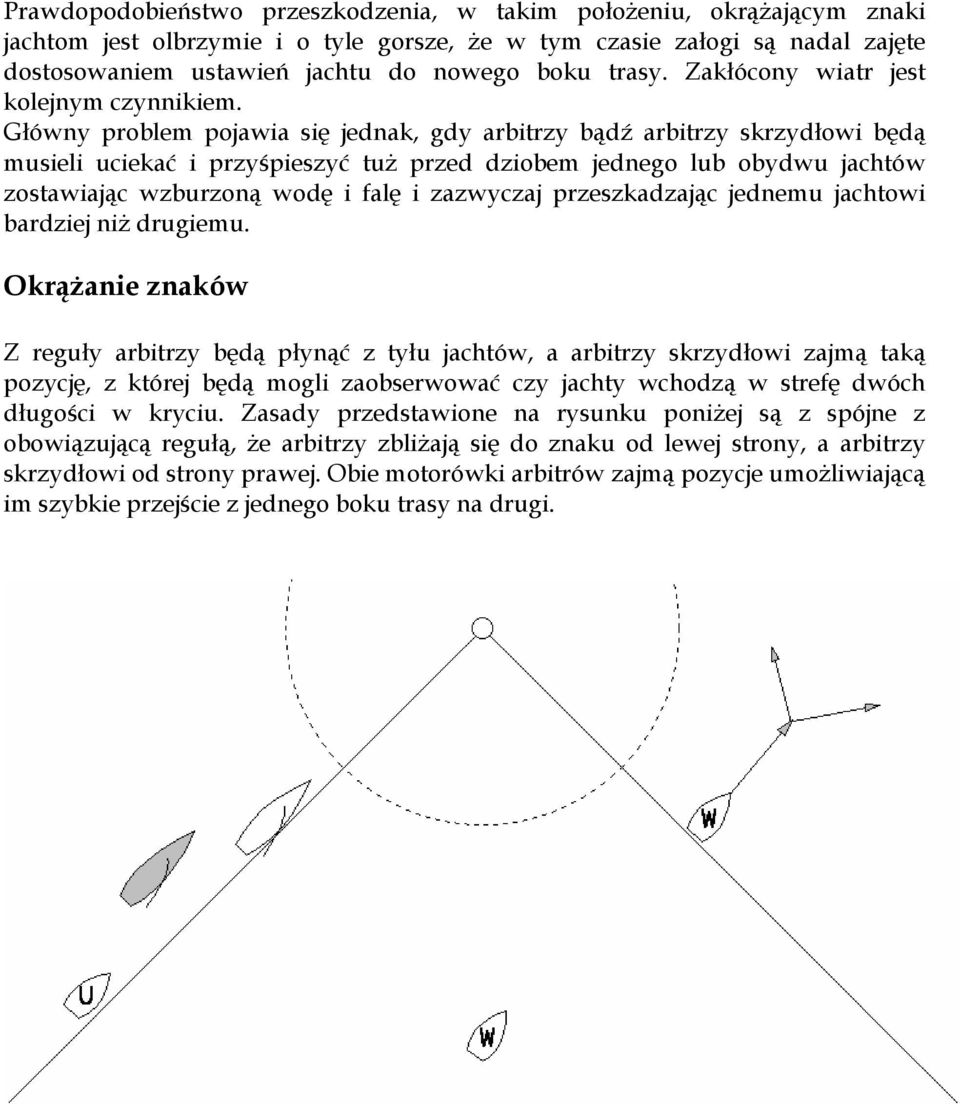 Główny problem pojawia się jednak, gdy arbitrzy bądź arbitrzy skrzydłowi będą musieli uciekać i przyśpieszyć tuż przed dziobem jednego lub obydwu jachtów zostawiając wzburzoną wodę i falę i zazwyczaj