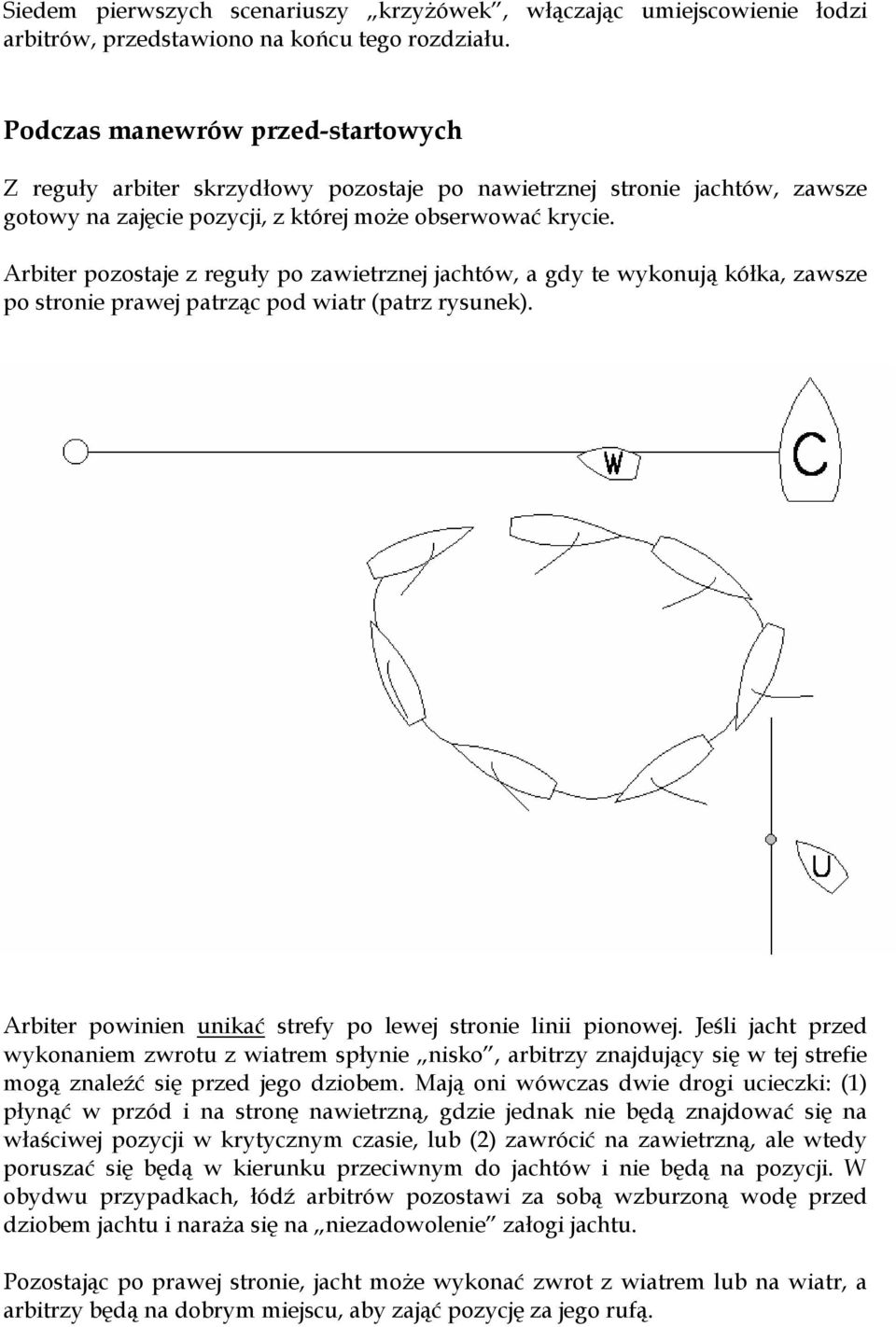 Arbiter pozostaje z reguły po zawietrznej jachtów, a gdy te wykonują kółka, zawsze po stronie prawej patrząc pod wiatr (patrz rysunek). Arbiter powinien unikać strefy po lewej stronie linii pionowej.