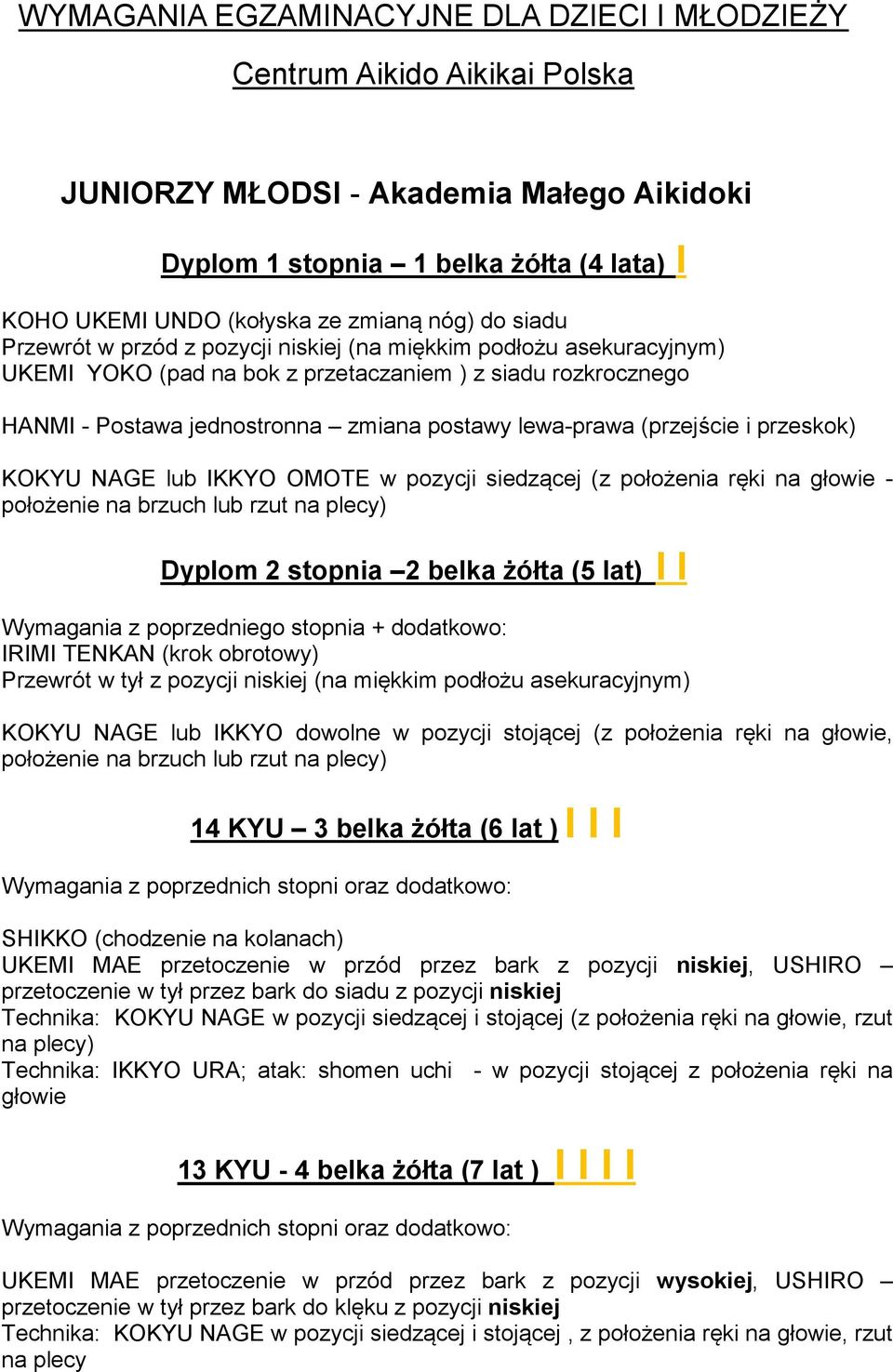 lewa-prawa (przejście i przeskok) KOKYU NAGE lub IKKYO OMOTE w pozycji siedzącej (z położenia ręki na głowie - położenie na brzuch lub rzut na plecy) Dyplom 2 stopnia 2 belka żółta (5 lat) I I