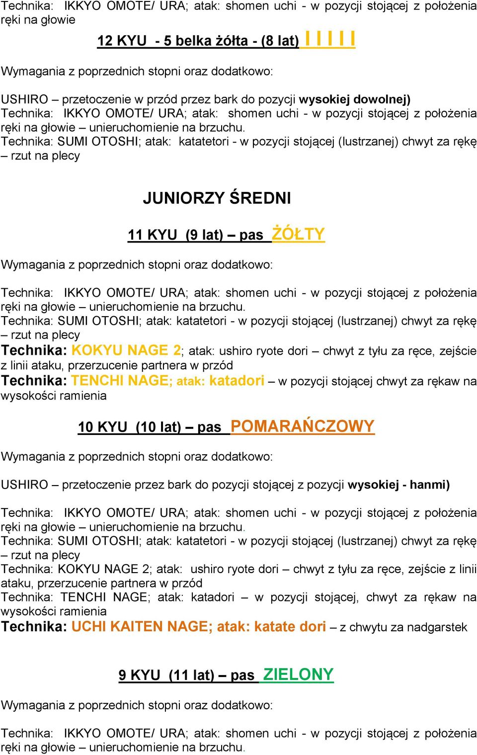 dori chwyt z tyłu za ręce, zejście z linii ataku, przerzucenie partnera w przód Technika: TENCHI NAGE; atak: katadori w pozycji stojącej chwyt za rękaw na wysokości ramienia 10 KYU (10 lat) pas