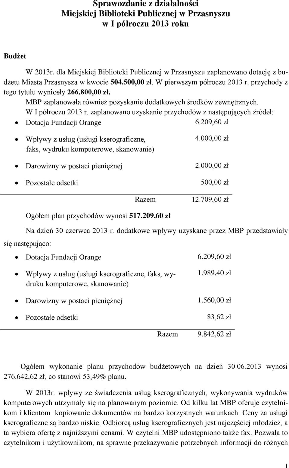 MBP zaplanowała również pozyskanie dodatkowych środków zewnętrznych. W I półroczu 2013 r. zaplanowano uzyskanie przychodów z następujących źródeł: Dotacja Fundacji Orange 6.