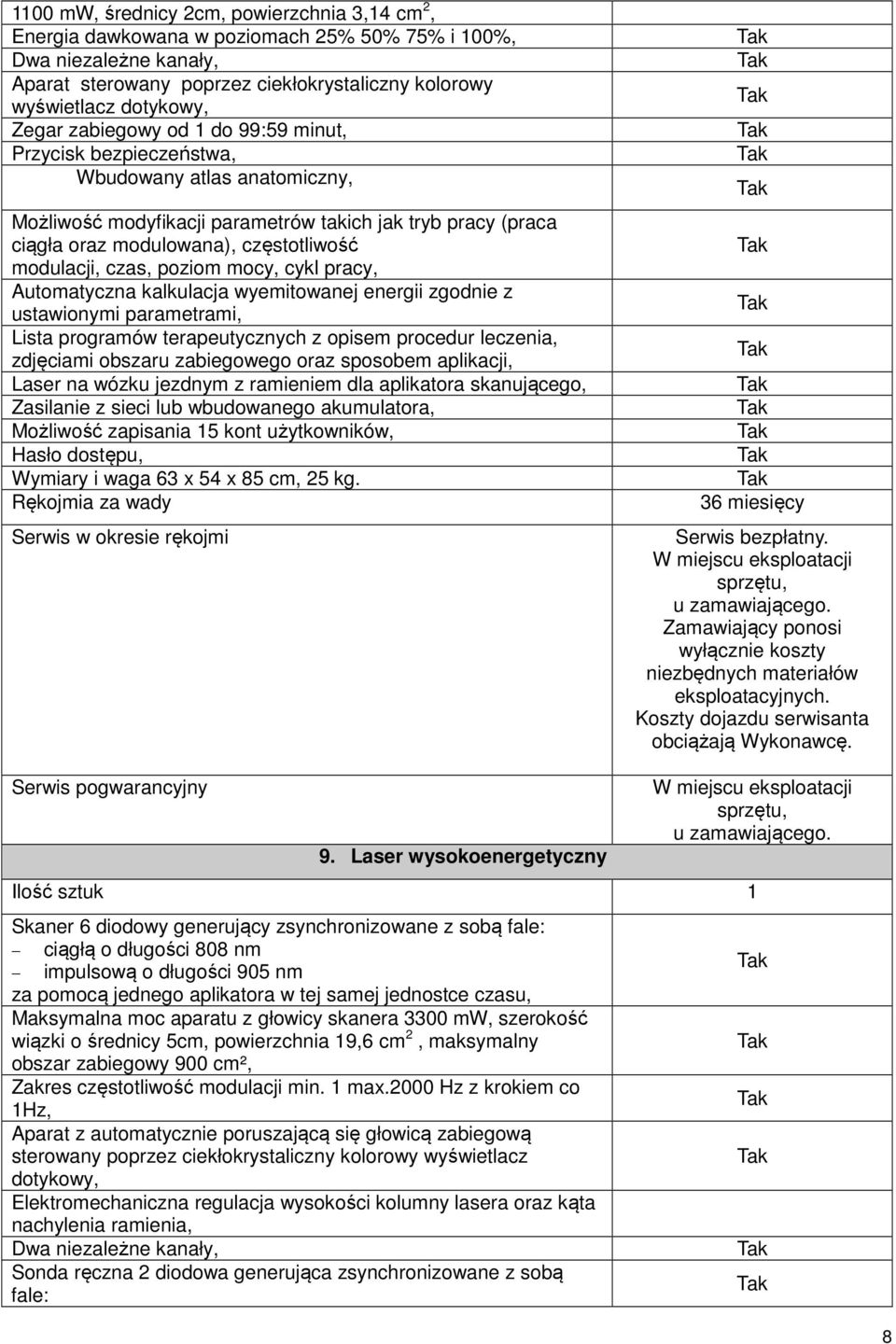 modulacji, czas, poziom mocy, cykl pracy, Automatyczna kalkulacja wyemitowanej energii zgodnie z ustawionymi parametrami, Lista programów terapeutycznych z opisem procedur leczenia, zdjęciami obszaru