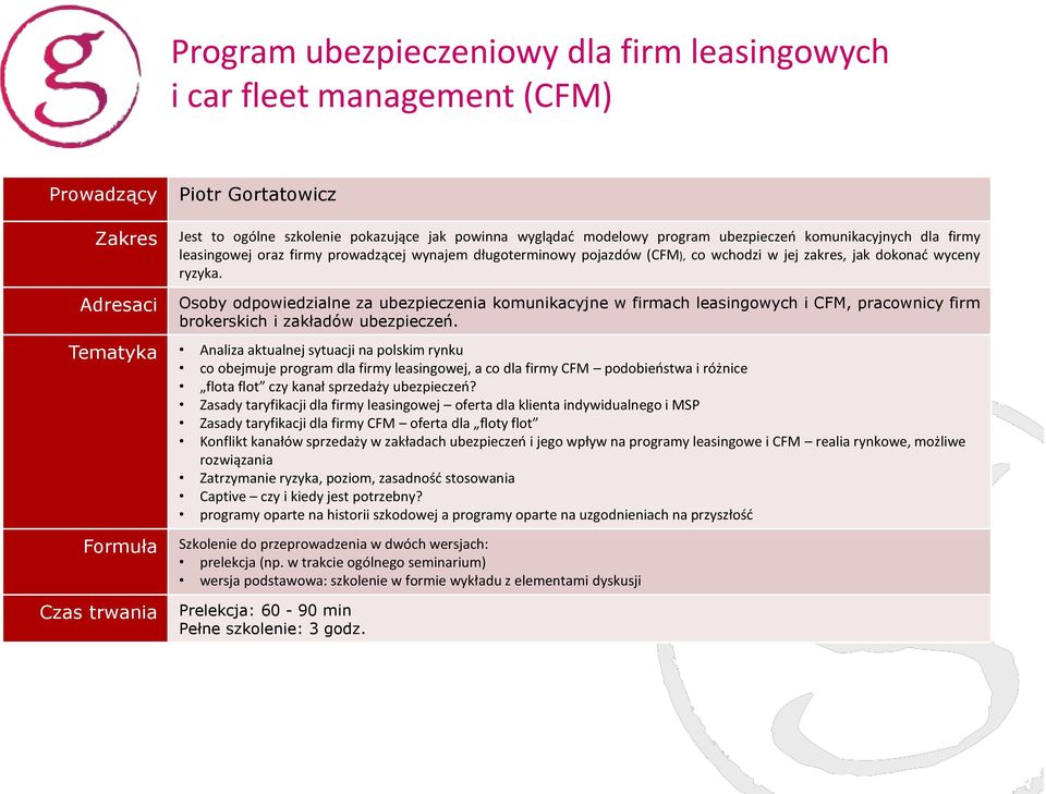 Osoby odpowiedzialne za ubezpieczenia komunikacyjne w firmach leasingowych i CFM, pracownicy firm brokerskich i zakładów ubezpieczeń.