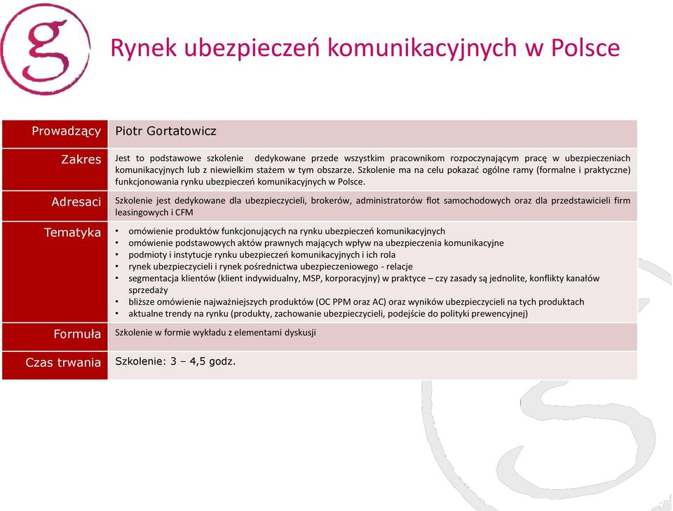 Szkolenie jest dedykowane dla ubezpieczycieli, brokerów, administratorów flot samochodowych oraz dla przedstawicieli firm leasingowych i CFM Tematyka omówienie produktów funkcjonujących na rynku