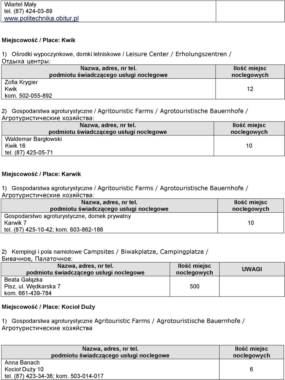 (87) 425-05-71 12 10 Miejscowość / Place: Karwik : Gospodarstwo agroturystyczne, domek prywatny Karwik 7 tel. (87) 425-10-42; kom.