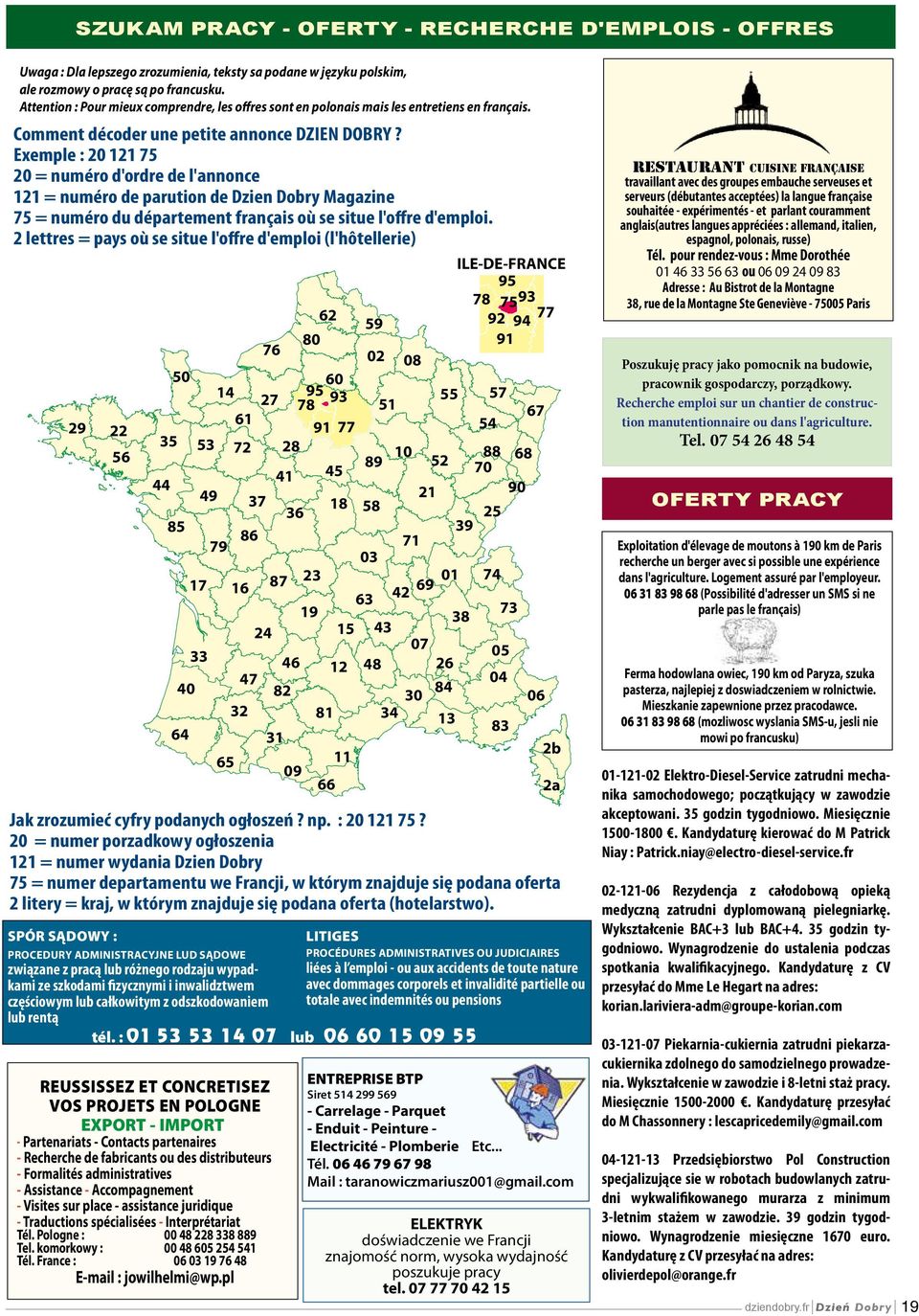 Exemple : 20 121 75 20 = numéro d'ordre de l'annonce 121 = numéro de parution de Dzien Dobry Magazine 75 = numéro du département français où se situe l'offre d'emploi.