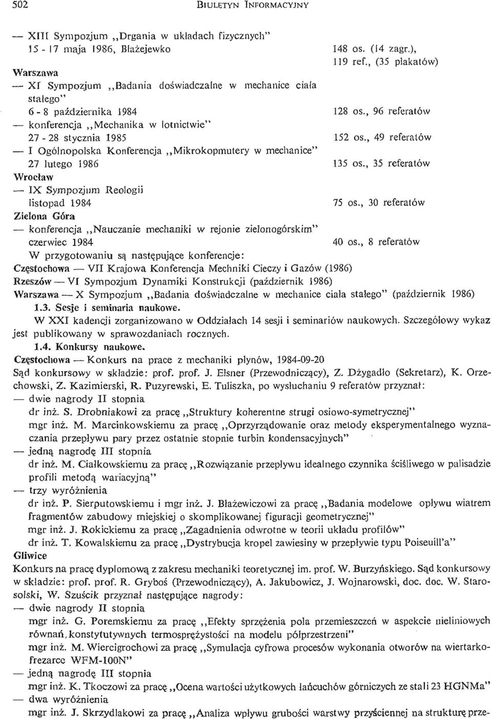 , 49 referatów I Ogólnopolska Konferencja Mikrokopmutery w mechanice" 27 lutego 1986 135 os., 35 referatów Wrocław IX Sympozjum Reologii listopad 1984 75 os.