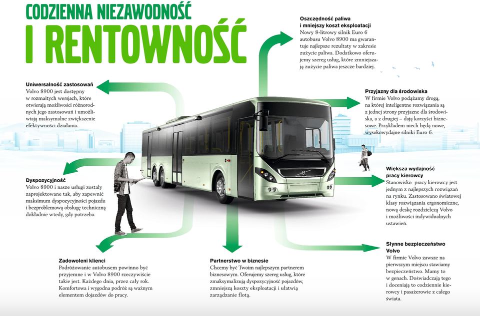 Uniwersalność zastosowań Volvo 8900 jest dostępny w rozmaitych wersjach, które otwierają możliwości różnorodnych jego zastosowań i umożliwiają maksymalne zwiększenie efektywności działania.