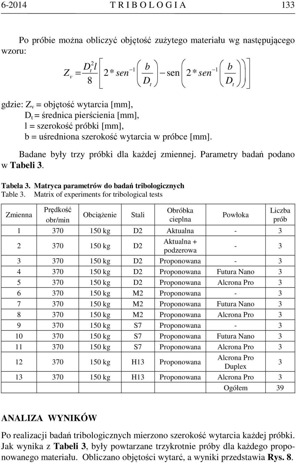 Matryca parametrów do badań tribologicznych Table 3.