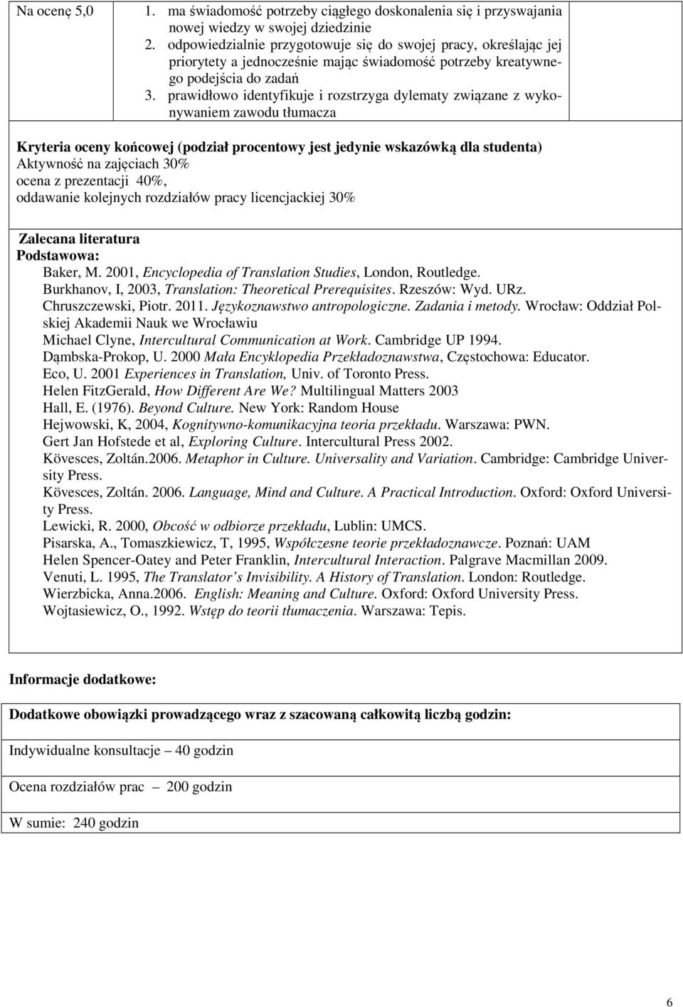 prawidłowo identyfikuje i rozstrzyga dylematy związane z wykonywaniem zawodu tłumacza Kryteria oceny końcowej (podział procentowy jest jedynie wskazówką dla studenta) Aktywność na zajęciach 30% ocena
