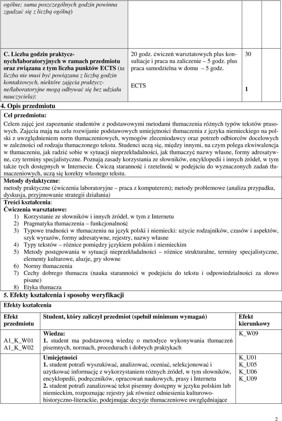 praktyczne/laboratoryjne mogą odbywać się bez udziału nauczyciela): 4. Opis przedmiotu 20 godz. ćwiczeń warsztatowych plus konsultacje i praca na zaliczenie 5 godz.