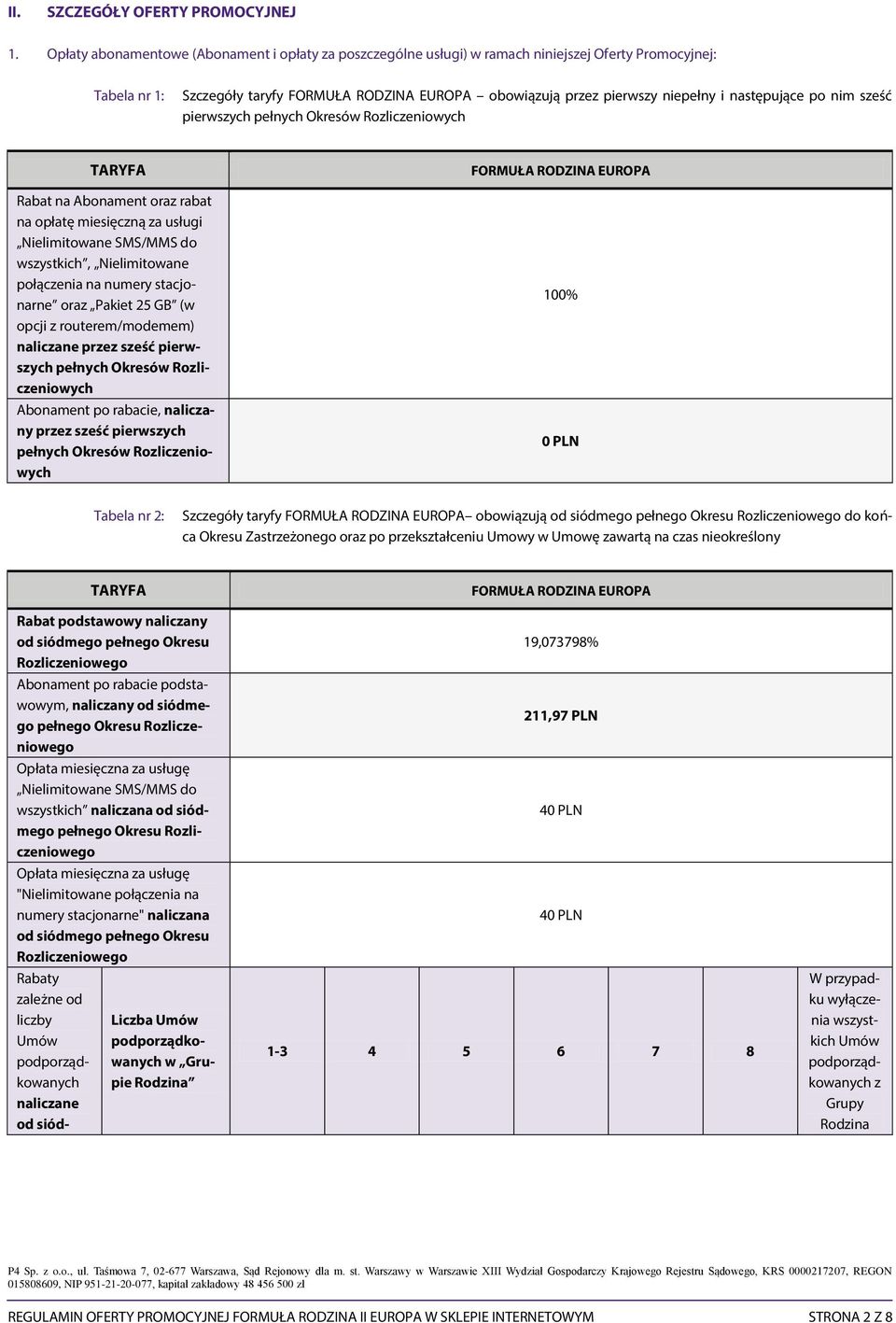 następujące po nim sześć pierwszych pełnych Okresów Rozliczeniowych TARYFA FORMUŁA RODZINA EUROPA Rabat na Abonament oraz rabat na opłatę miesięczną za usługi Nielimitowane SMS/MMS do wszystkich,
