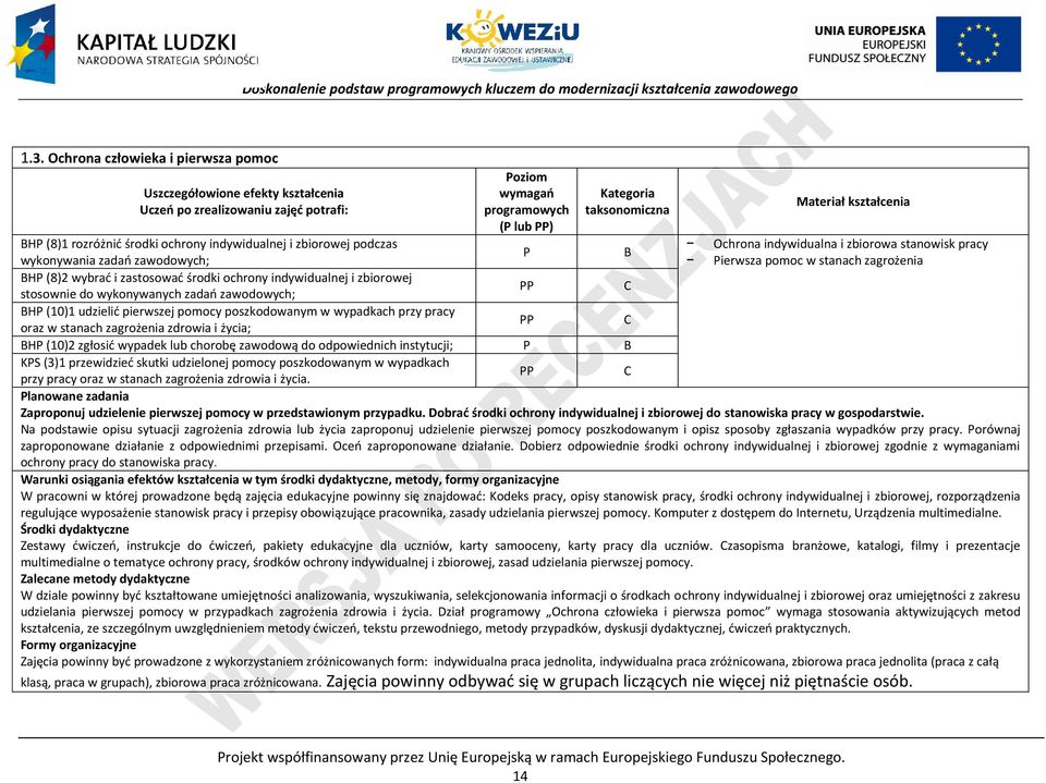 udzielić pierwszej pomocy poszkodowanym w wypadkach przy pracy oraz w stanach zagrożenia zdrowia i życia; H (10)2 zgłosić wypadek lub chorobę zawodową do odpowiednich instytucji; KS (3)1 przewidzieć