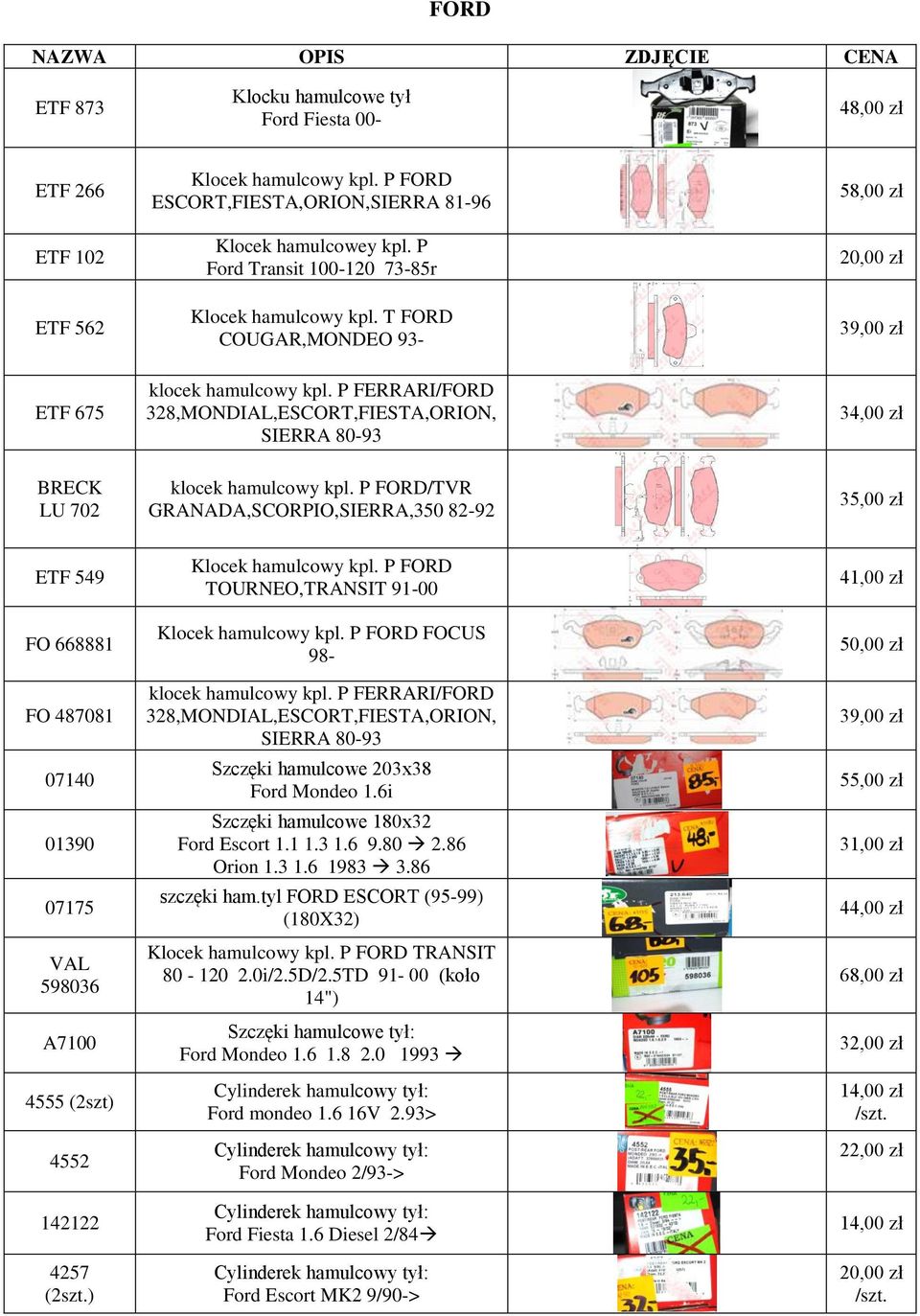 P FERRARI/FORD 328,MONDIAL,ESCORT,FIESTA,ORION, SIERRA 80-93 34,00 BRECK LU 702 klocek hamulcowy kpl.