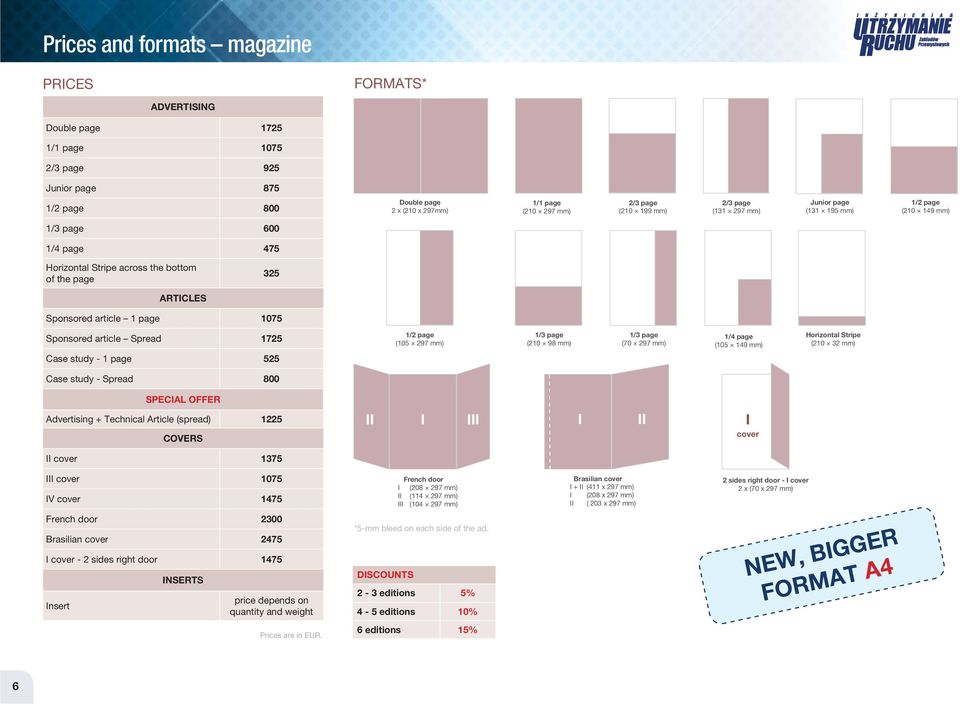 article Spread 1725 Case study - 1 page 525 1/2 page (105 297 mm) 1/3 page (210 98 mm) 1/3 page (70 297 mm) 1/4 page (105 149 mm) Horizontal Stripe (210 32 mm) Case study - Spread 800 SPECIAL OFFER