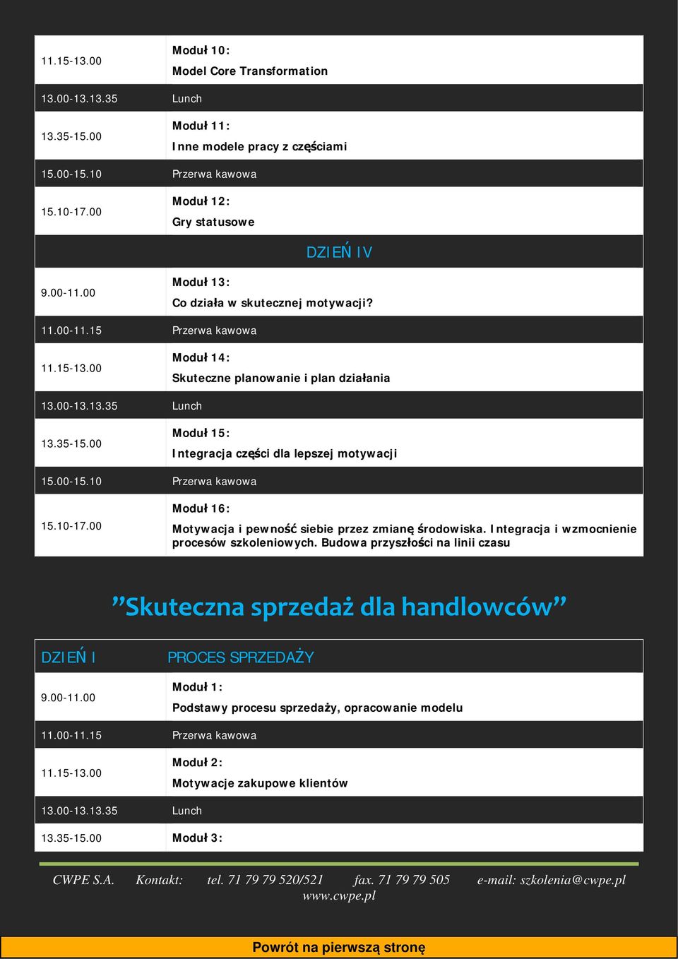 Moduł 14: Skuteczne planowanie i plan działania Moduł 15: Integracja części dla lepszej motywacji Moduł 16: Motywacja i pewność siebie