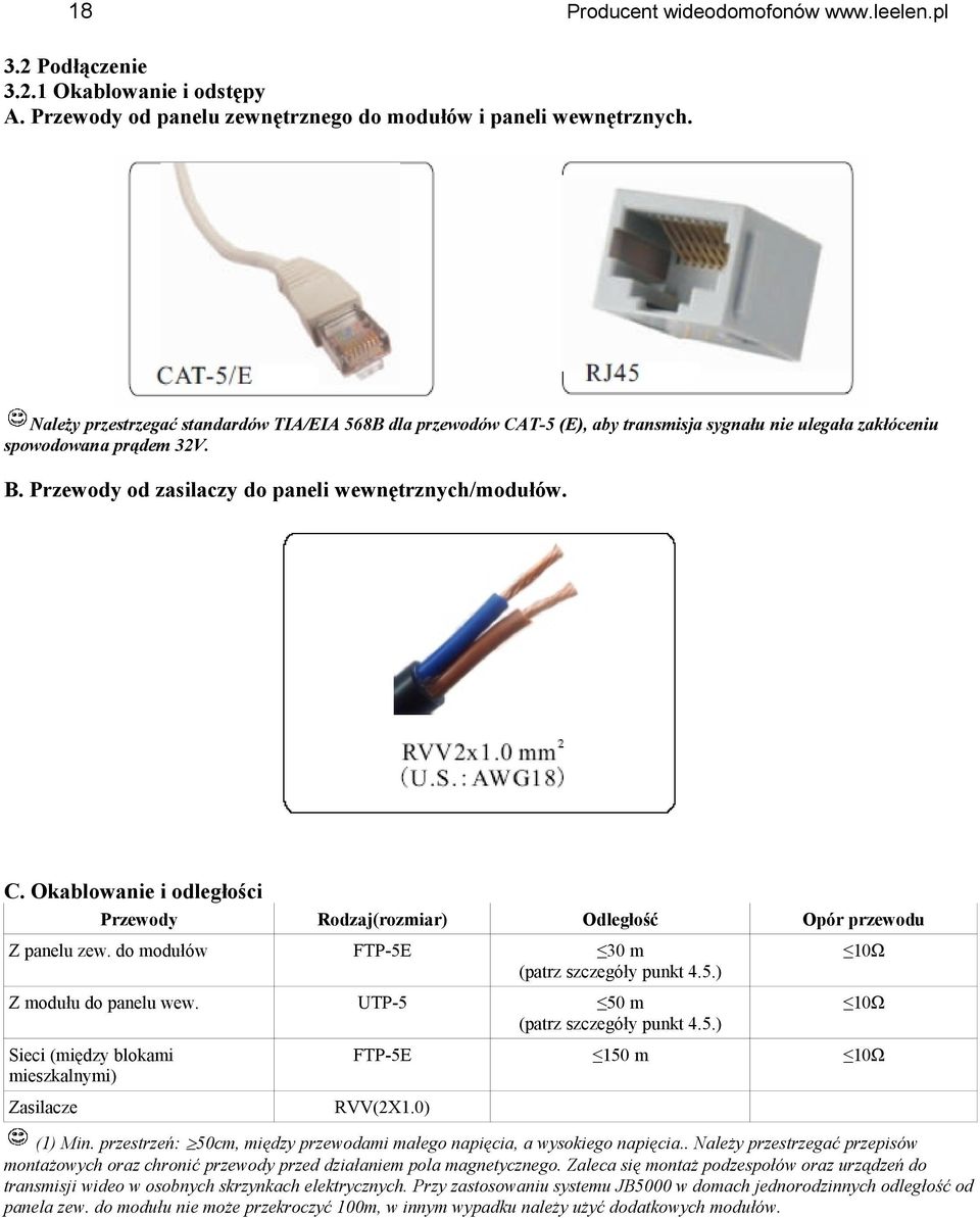 do modułów FTP-5E 30 m (patrz szczegóły punkt 4.5.) 10Ω Z modułu do panelu wew. UTP-5 50 m (patrz szczegóły punkt 4.5.) 10Ω Sieci (między blokami mieszkalnymi) FTP-5E 150 m 10Ω Zasilacze RVV(2X1.