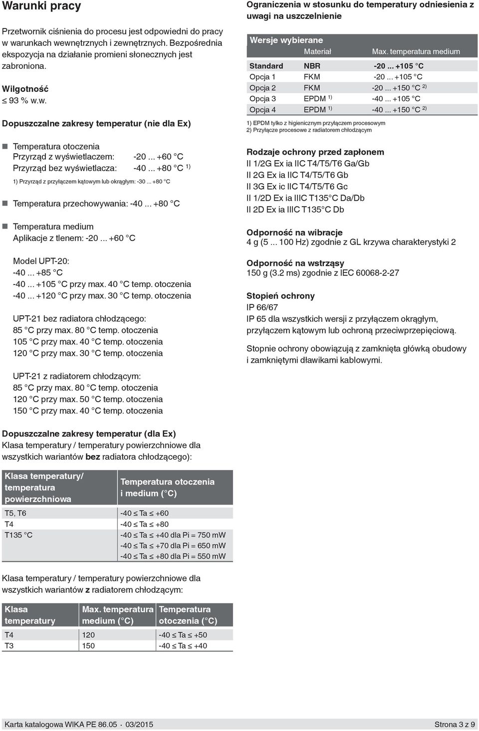 .. +80 C 1) 1) Przyrząd z przyłączem kątowym lub okrągłym: -30... +80 C Temperatura przechowywania: -40... +80 C Temperatura medium Aplikacje z tlenem: -20... +60 C Model UPT-20: -40... +85 C -40.