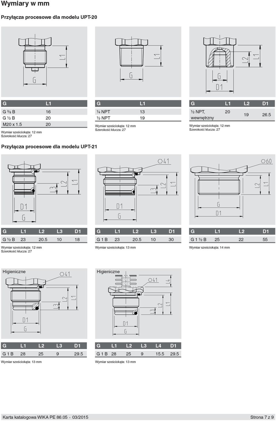 sześciokąta: 12 mm Szerokość klucza: 27 19 26.5 Przyłącza procesowe dla modelu UPT-21 G L1 L2 L3 D1 G ½ B 23 20.