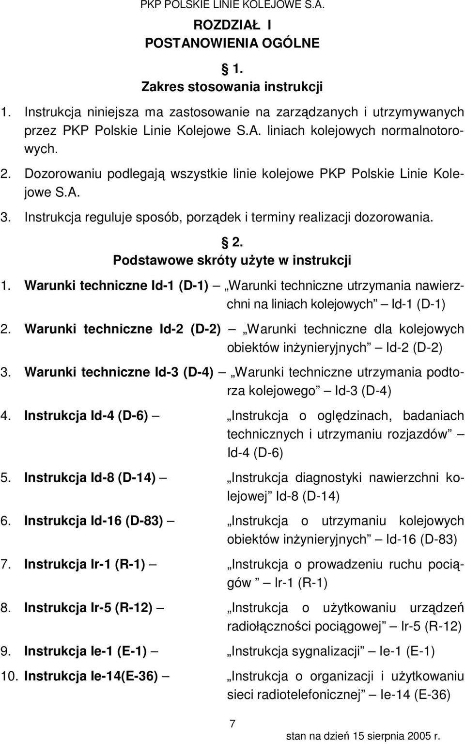 Warunki techniczne Id-1 (D-1) Warunki techniczne utrzymania nawierzchni na liniach kolejowych Id-1 (D-1) 2.