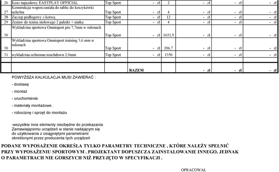 Wykładzina sportowa Omnisport training 3,6 mm w 30 rulonach Top Sport - zł 206,7 - zł - zł - zł 31 wykładzina ochronna touchdown 2,0mm Top Sport - zł 1350 - zł - zł - zł POWYŻSZA KALKULACJA MUSI