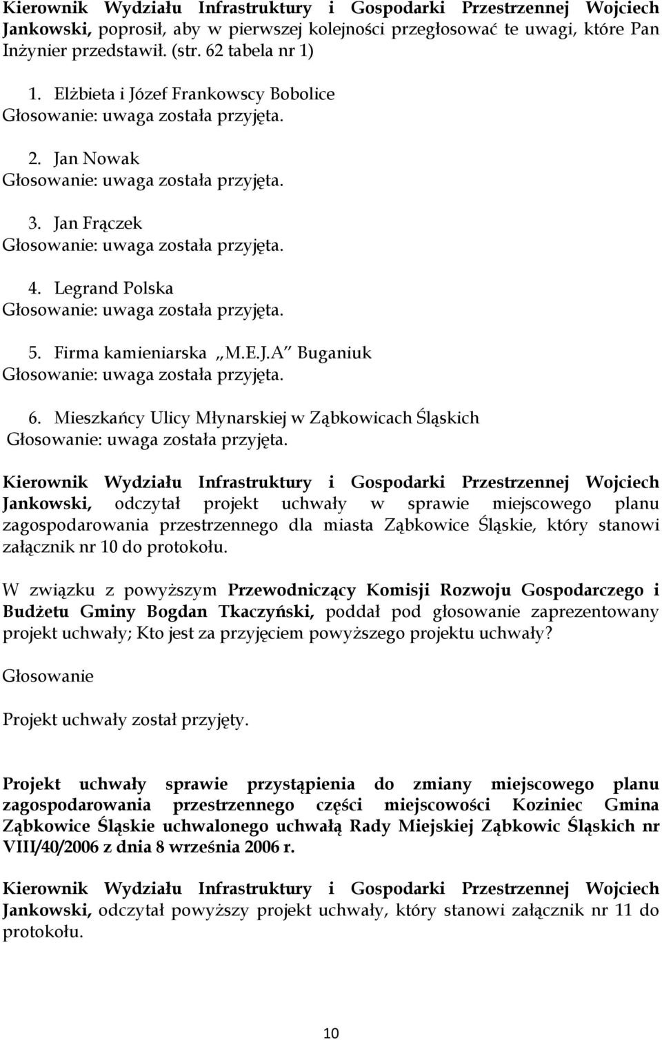 Legrand Polska Głosowanie: uwaga została przyjęta. 5. Firma kamieniarska M.E.J.A Buganiuk Głosowanie: uwaga została przyjęta. 6.