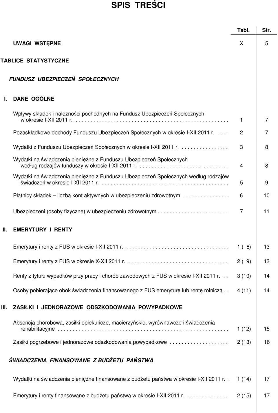 .... 2 7 Wydatki z Funduszu Ubezpieczeń Społecznych w okresie I-XII 2011 r................. 3 8 Wydatki na świadczenia pieniężne z Funduszu Ubezpieczeń Społecznych według rodzajów funduszy w okresie I-XII 2011 r.