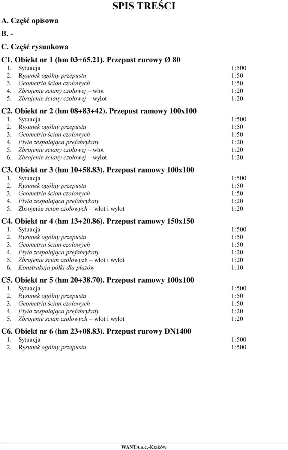 Geometria ścian czołowych 1:50 4. Płyta zespalająca prefabrykaty 1:20 5. Zbrojenie sciany czołowej wlot 1:20 6. Zbrojenie ściany czołowej wylot 1:20 C3. Obiekt nr 3 (hm 10+58.83).